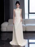 Vintage Mermaid White High Neckline Long Prom Dresses HZ1024