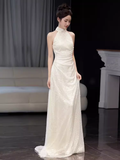 Vintage Mermaid White High Neckline Long Prom Dresses HZ1024