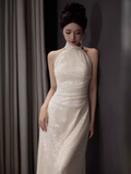 Vintage Mermaid White High Neckline Long Prom Dresses HZ1024