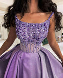 Classy A Line Spaghetti Straps Lilac Satin Long Party Dress Prom Dresses Evening Dress HZ1024