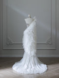 Vintage Mermaid Strapless White Tulle Long Wedding Dresses With Beads HZ1024