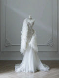 Vintage Mermaid Strapless White Tulle Long Wedding Dresses With Beads HZ1024