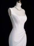 Chic Sheath Square Neckline Sleeveless White Satin Slit Wedding Dresses With Ruffles HZ1024