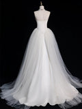Chic Sheath Spaghetti Straps Sleeveless White Satin Wedding Dresses With Ruffles HZ1024
