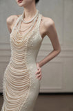 Chic Mermaid Halter Sleeveless White Satin Wedding Dresses With Pearls HZ1024