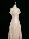 Vintage Sheath Off The Shoulder Sequin Champagne Wedding Dresses With Beads HZ1024