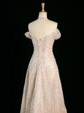 Vintage Sheath Off The Shoulder Sequin Champagne Wedding Dresses With Beads HZ1024