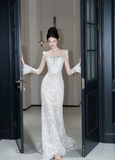 Vintage Mermaid White Lace Long Sleeves Long Wedding Dresses HZ1024