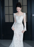 Vintage Mermaid White Lace Long Sleeves Long Wedding Dresses HZ1024
