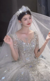 Shiny Ball Gown Tulle Sequin Beaded Short Sleeves With Veil Long Wedding Dresses HZ1024