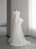 Chic Pretty Mermaid Satin Tulle Feather Short Sleeves Long Wedding Dresses HZ1024