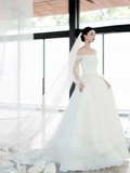 White Classy A Line Off The Shoulder Tulle Lace With Veil Long Wedding Dresses HZ1024