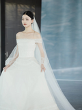 White Classy A Line Off The Shoulder Tulle Lace With Veil Long Wedding Dresses HZ1024