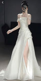 Elegant A Line Off The Shoulder Satin Slit Pleated Long Wedding Dresses HZ1024