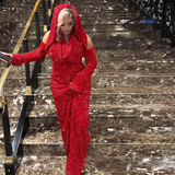 Sexy Mermaid Halter Red Sequin Long Prom Dress With Gloves HZ1024