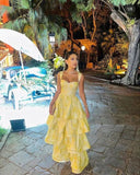 Yellow Sweetheart Sleeveless Ruffle Floor Length Prom Dress Birthday Outfits HZ1024
