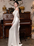 Vintage Mermaid High Neckline Long Sleeves Satin Lace Long White Wedding Dresses HZ1024