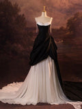 Vintage Mermaid Straps Satin White Black Long Wedding Dresses HZ1024