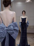 Sexy Mermaid Straps Velvet Navy Blue Long Prom Dress HZ1024