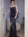 Sexy Mermaid Straps Velvet Navy Blue Long Prom Dress HZ1024