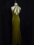 Vintage Mermaid Halter Sleeveless Velvet Green Long Prom Dresses HZ1024