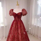 Sexy Princess Straps Short Sleeves Red Tulle Long Prom Dress HZ1024