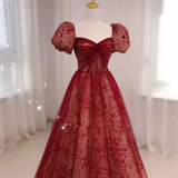 Sexy Princess Straps Short Sleeves Red Tulle Long Prom Dress HZ1024