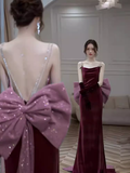 Sexy Mermaid Straps Velvet Burgundy Long Prom Dresses HZ1024