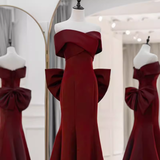 Sexy Mermaid Off The Shoulder Satin Burgundy Long Prom Dresses With Bowknot HZ1024