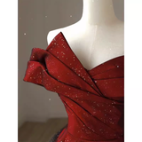 Sexy A Line Off The Shoulder Satin Burgundy Tulle Long Prom Dresses HZ1024