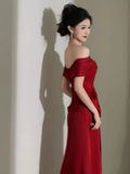 Sexy Mermaid Off The Shoulder Short Sleeves Satin Burgundy Prom Dresses HZ1024
