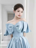 Modest A line Off The Shoulder Satin Light Sky Blue Prom Dress Long Evening Dress HZ1024