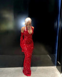 Sexy Mermaid Halter Red Sequin Long Prom Dress With Gloves HZ1024