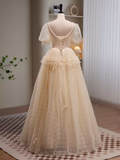 Fairytale A Line V neckline Short Sleeves Tulle Long Prom Dress HZ1024