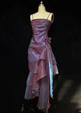 Vintage High Low Straps Grape Ruffles Prom Dresses HZ1024