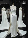 Vintage Mermaid Strapless White Satin Long Wedding Dresses With Ruffles HZ1024