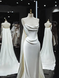 Vintage Mermaid Strapless White Satin Long Wedding Dresses With Ruffles HZ1024