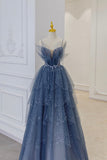 Luxury A line Spaghetti Straps Grey Blue Floor Length Prom Dresses HZ1024