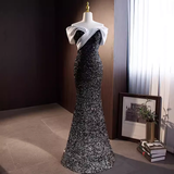 Sparkly Mermaid Off The Shoulder Sequin Black Long Prom Dresses HZ1024