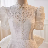Beautiful A line High Neckline Lace White Wedding Dresses With Bownot HZ1024
