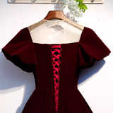 Simple A line Short Sleeves Velvet Red Bridesmaid Dress HZ1024
