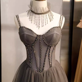 Simple A line Spaghetti Straps Tulle Beads Long Prom Dresses HZ1024