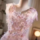 Modest A line Straps Tulle Long Pink Prom Dress HZ1024