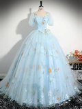 Vintage Ball Gown Blue Lace Long Sweet 16 Dress HZ1024