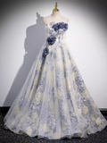 Beautiful A line Strapless Floral Blue Long Prom Dress HZ1024