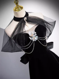 Simple A line High Neckline Velvet Black Long Prom Dress HZ1024