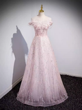 Sparkly A Line Off The Shoulder Pink Long Prom Dress HZ1024