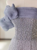 Simple A line Strapless Short Sleeves Tulle Long Prom Dress HZ1024