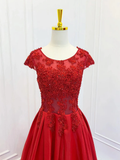 A-Line Scoop Neckline Satin Lace Burgundy Long Prom Dress HZ1024