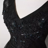 Elegant A line V Neckline Tulle Long Black Prom Dress HZ1024